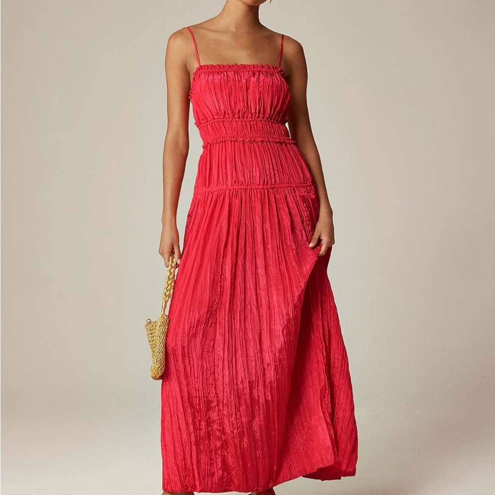 J Crew Crinkled Ruffle-Trim Dress Medium Watermelon Pink